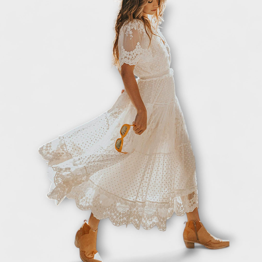Φόρεμα Lacey Midi με V-ντεκολτέ και κοντά μανίκια