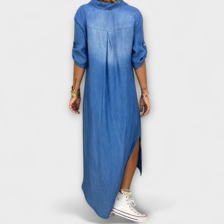 Lea - Μακρύ φόρεμα σε denim εμφάνιση με πλαϊνό σκίσιμο