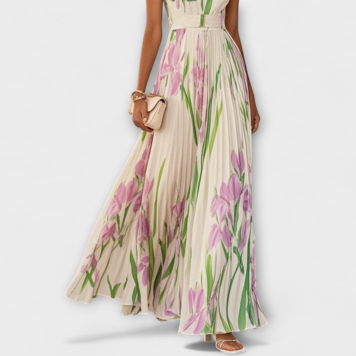 Διπλωμένο φλοράλ chiffon maxi φόρεμα