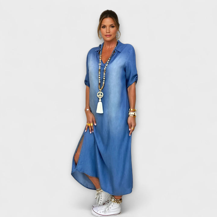 Lea - Μακρύ φόρεμα σε denim εμφάνιση με πλαϊνό σκίσιμο