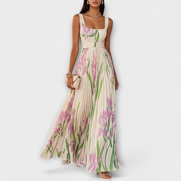 Διπλωμένο φλοράλ chiffon maxi φόρεμα