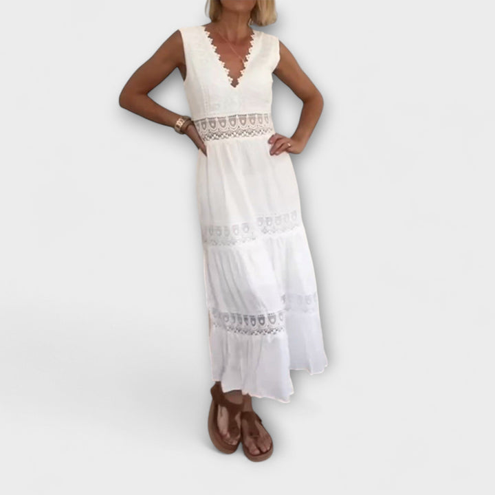 Νινφέα Αμάνικο Boho-Midi Φόρεμα με Λεπτομέρειες Δαντέλας